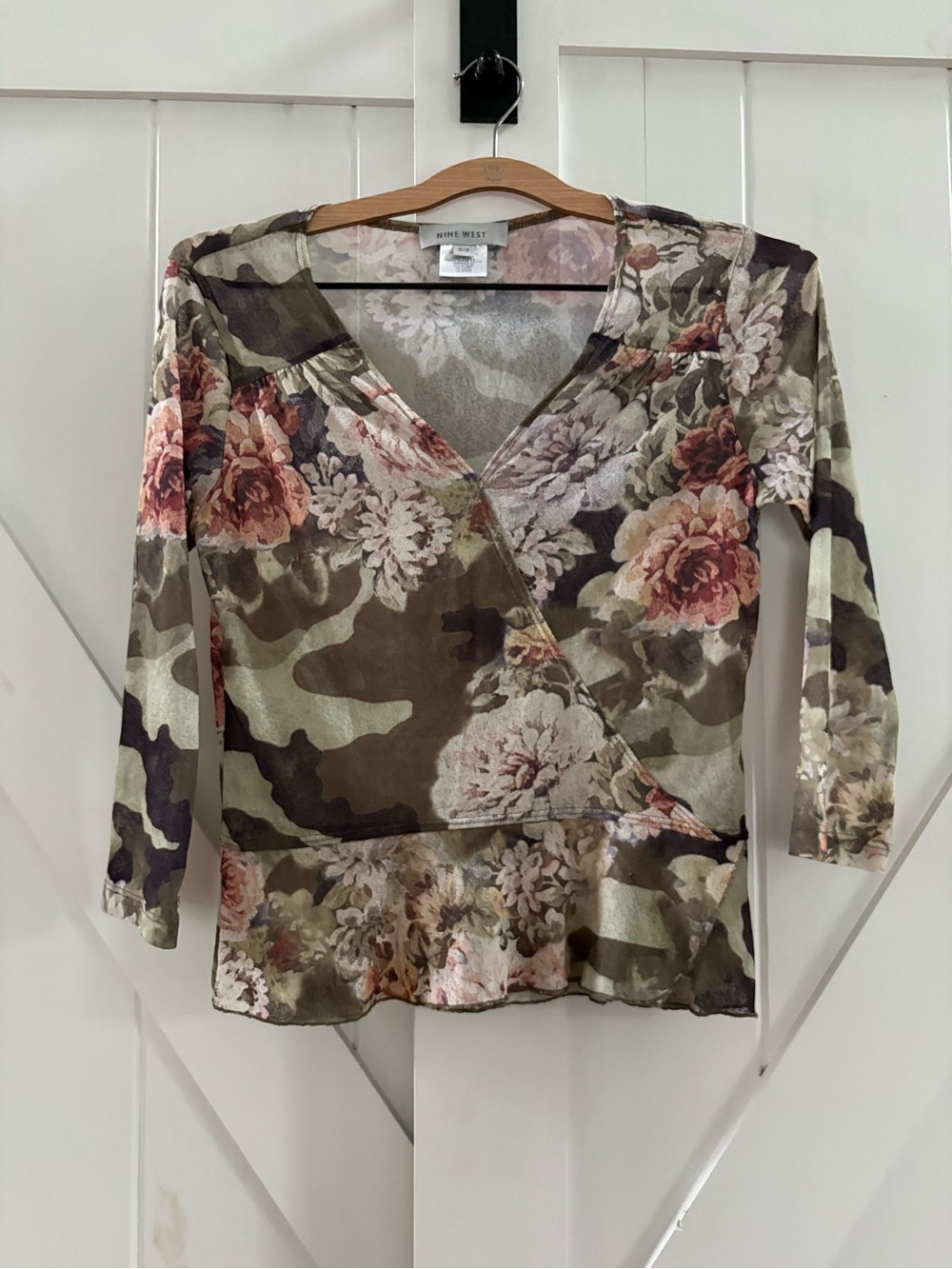 Nine West Vintage Floral Camo Wrap Peplum Top - Made in USA